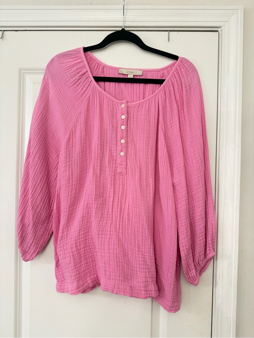 LOFT Pink Gauze Button-Front Peasant Blouse